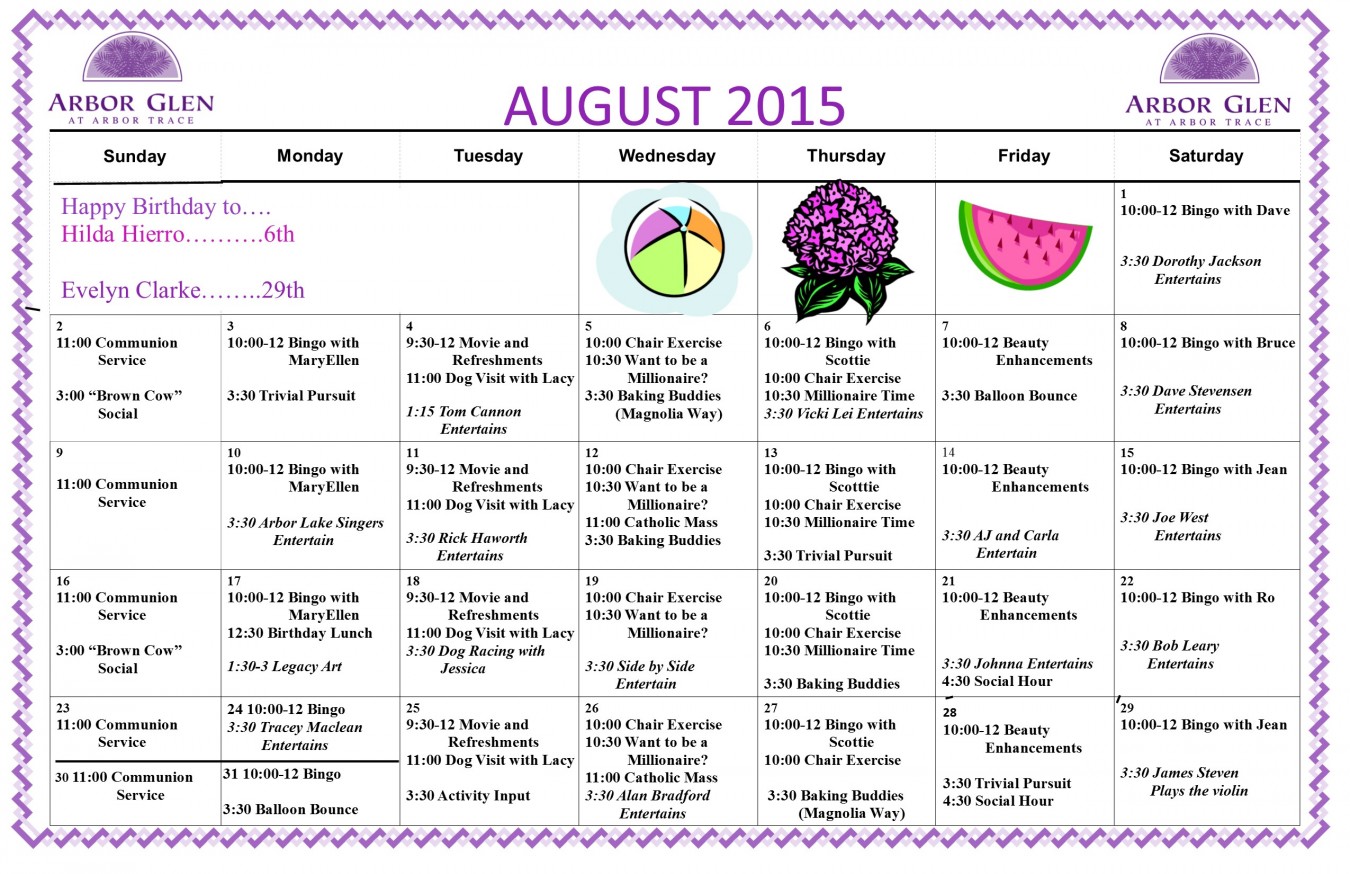 Arbor Glen Event Calendar September 2015 Arbor Trace Senior Living